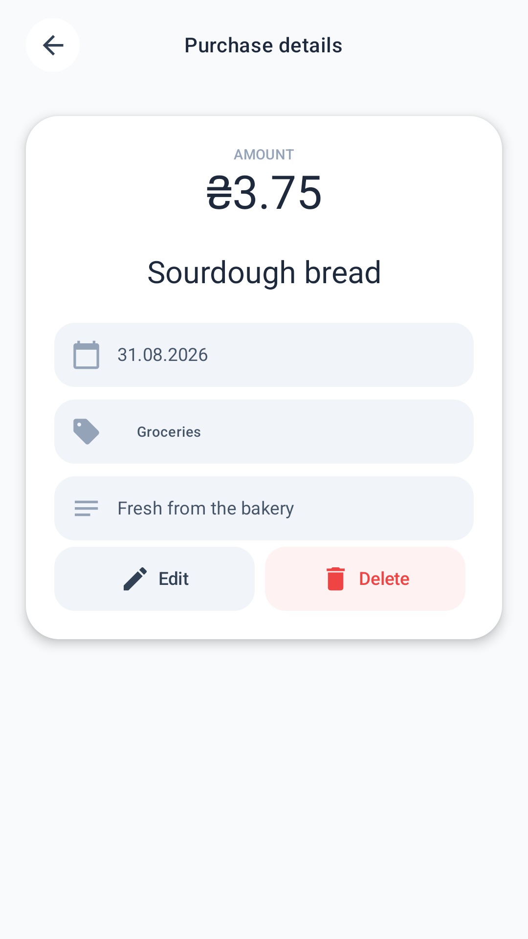 Purchase details screen